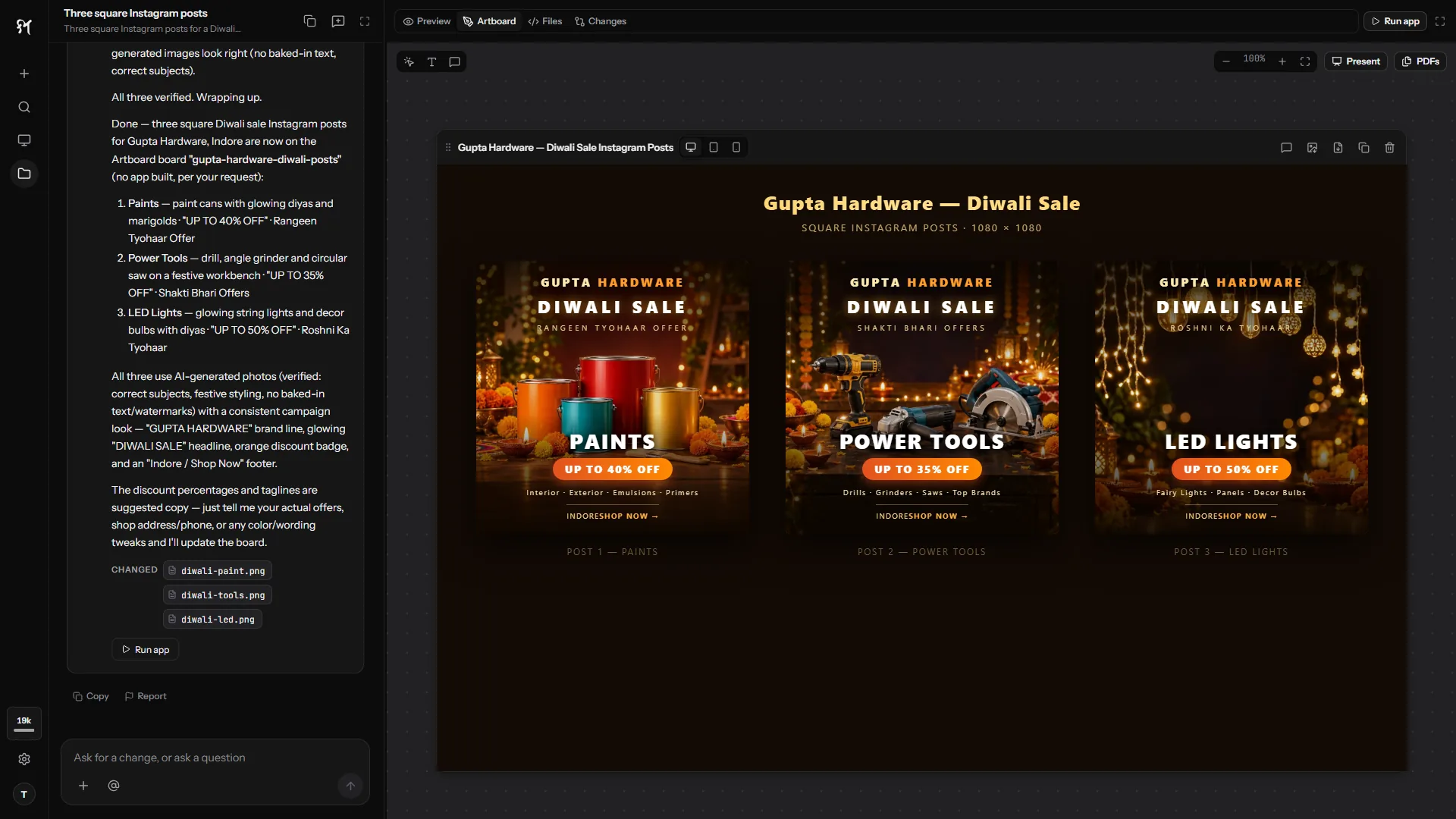 The Artboard with three Diwali sale posts for a hardware shop, made with AI-generated pictures.