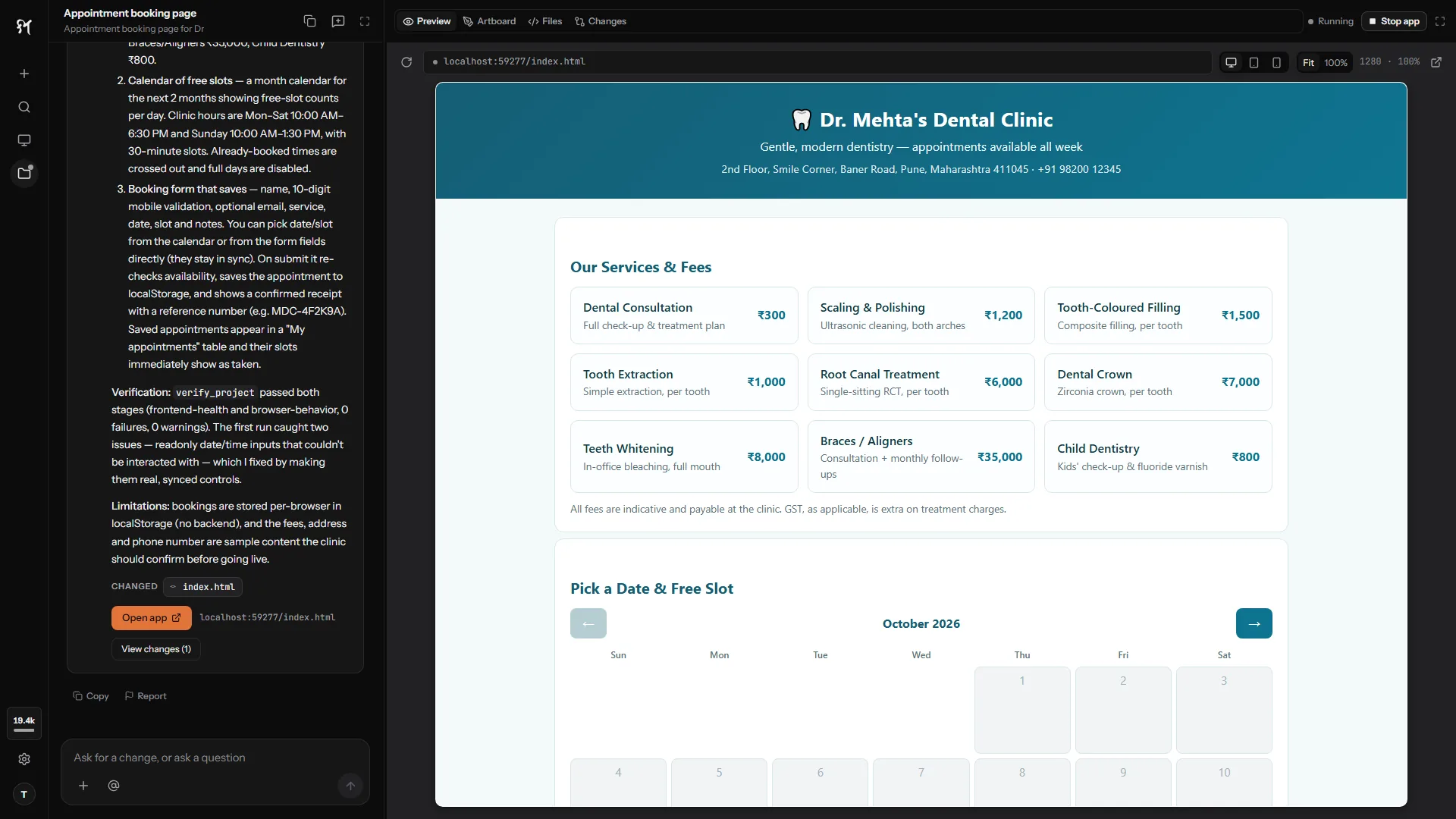 Sarathi with a finished booking page for a dental clinic: the chat summarises what it built and how it was checked, and the running app shows in the preview.